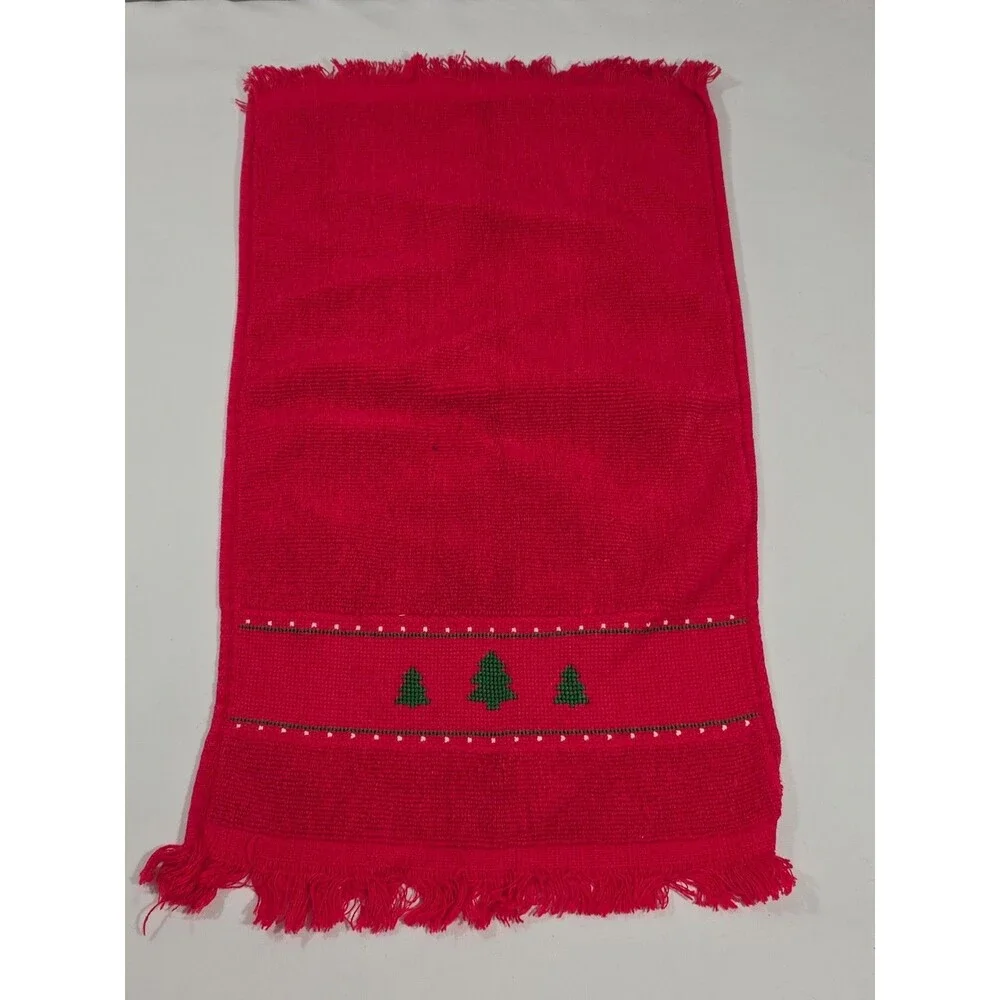 Vintage Lot Of 6 Red Christmas Finger Towels Hand Cannon & Misc Crossstitch
